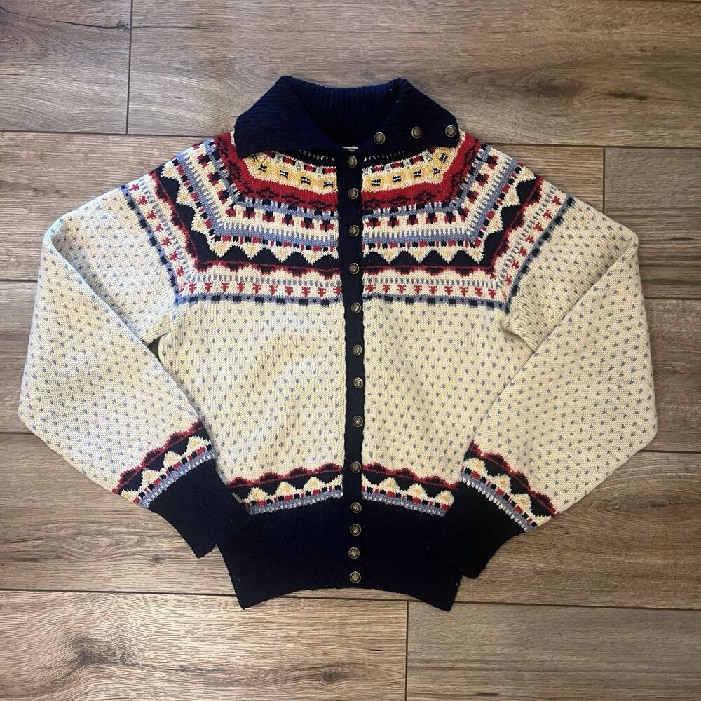 Vintage Paul Mage Cardigan Wool Nordic Fair Isle Sweater Red White Blue Womens M